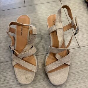 Lucky Brand Mytila espadrille wedge sandals in a natural/beige canvas material